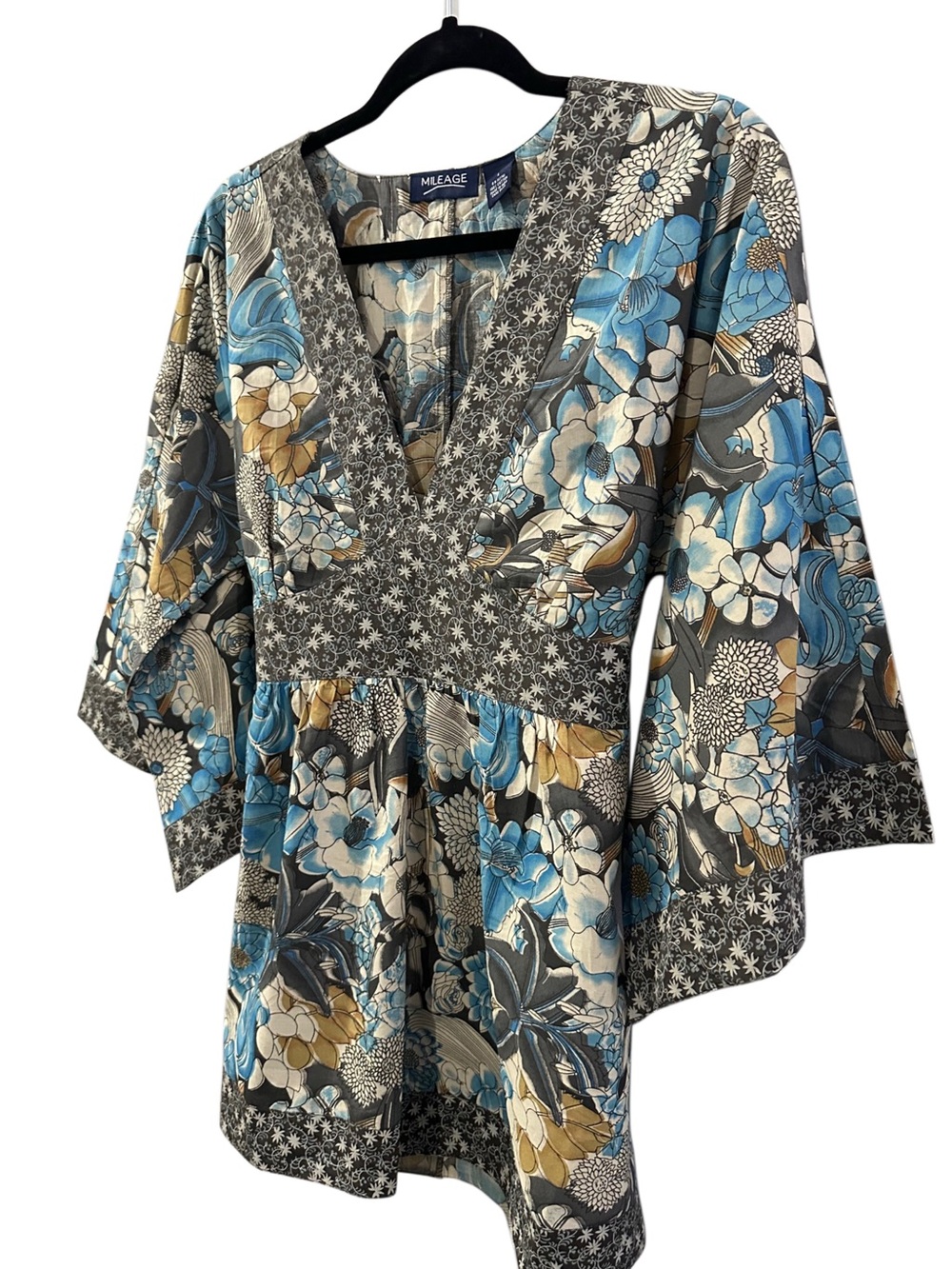 Mileage Blue Floral Vintage Vibe Boho Tie Back Tunic Top Size L